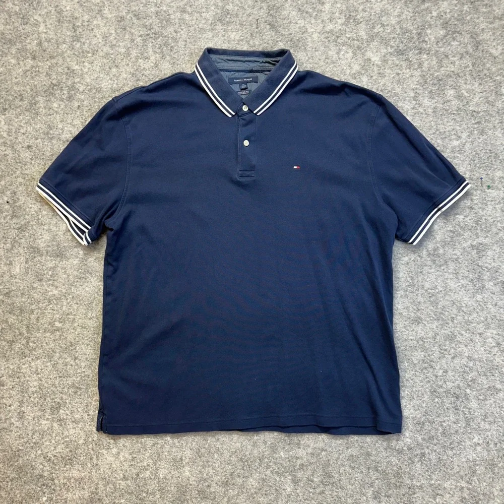 Tommy Hilfiger Polo Shirt Mens XXL‎ Navy Blue Excellent Custom Fit Tipped Trim